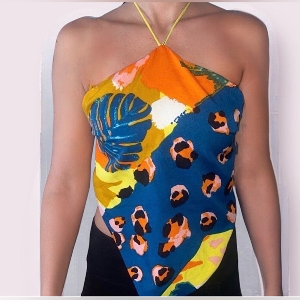 Colorful Tropical Leopard Print Halter Scarf Top Backless Size XS Boho Tank Top - Picture 5 of 5